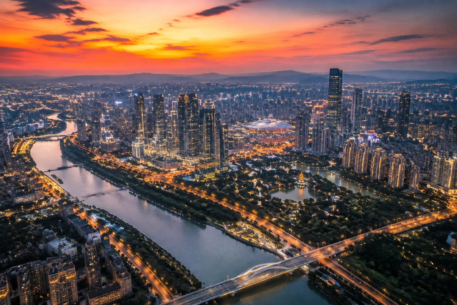 东莞城市天际线黄昏航拍