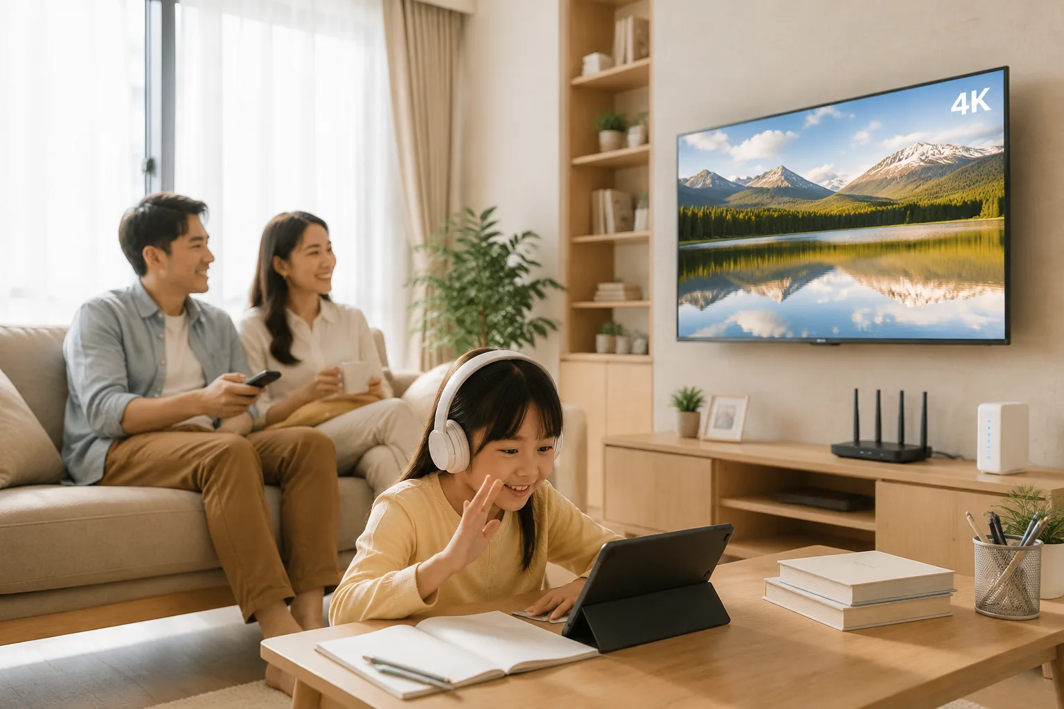 一家人在家中畅享高速光纤宽带